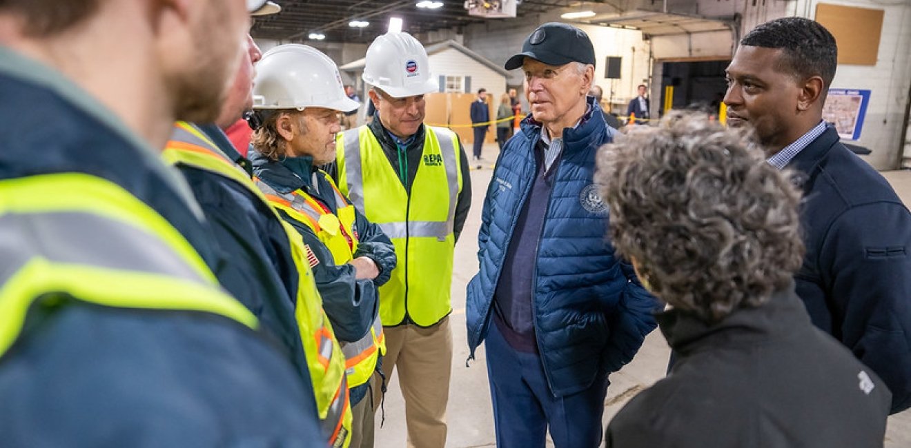 President Joe Biden receives a briefing on the response and recovery efforts in response to the 2023 Norfolk Southern train derailment, Friday, February 16, 2024, in East Palestine, Ohio. (Official White House Photo by Adam Schultz)