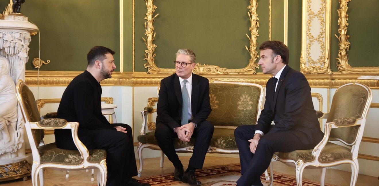 Prime Minister Keir Starmer speaks with President of Ukraine Volodymyr Zelenskyy and French President Emmanuel Macron as he hosts a European Leaders Summit at Lancaster House.