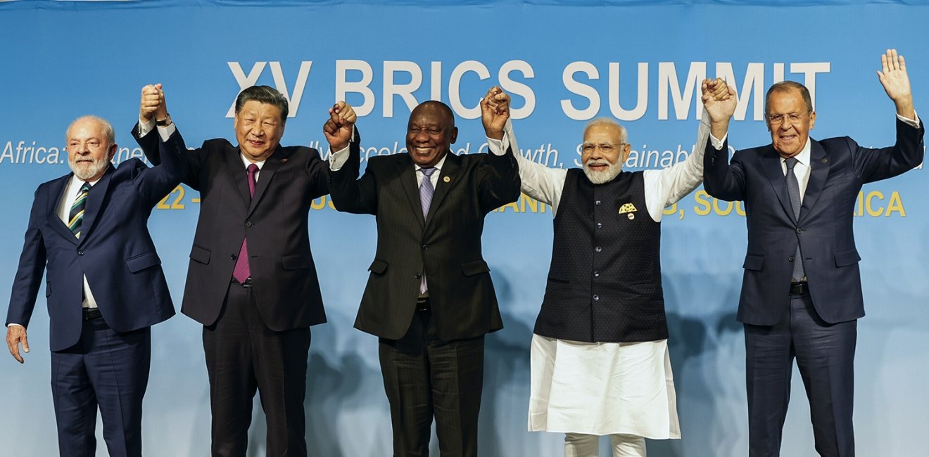  From left, Brazil's President Luiz Inacio Lula da Silva, China's President Xi Jinping, South Africa's President Cyril Ramaphosa, India's Prime Minister Narendra Modi and Russia's Foreign Minister Sergei Lavrov pose for a BRICS group photo during the 2023 BRICS Summit at the Sandton Convention Center in Johannesburg, South Africa, Wednesday, August 23, 2023. (Gianluigi Guercia/Pool via AP)