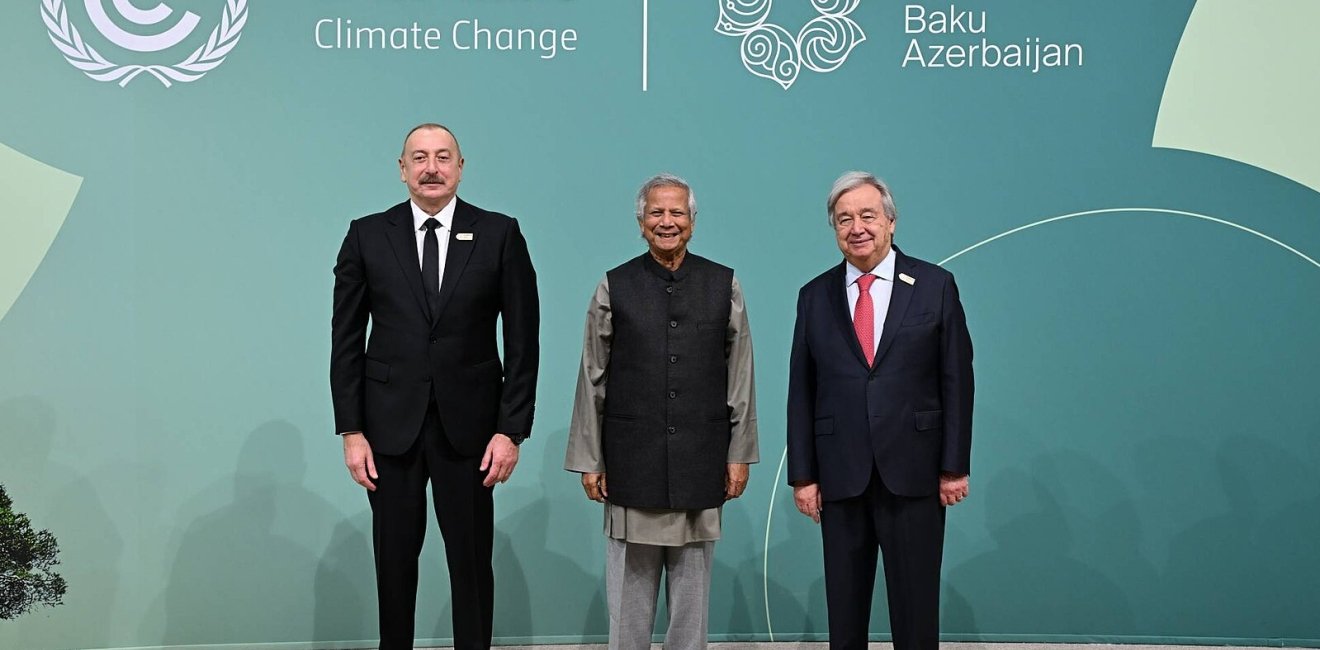 Muhammad Yunus with Ilham Aliyev, the President of Azerbaijan and António Guterres, Secretary-General of the United Nations at COP29. 