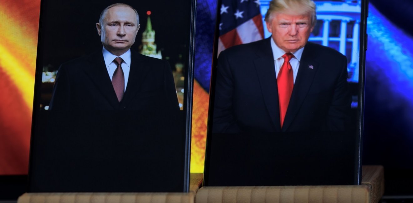 Photos of Putin and Trump with Ukrainian Flag in Background