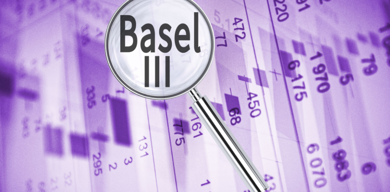 Magnifying lens over words 'Basel III,' with financial data in the background.