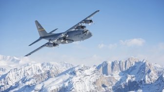 A C-130 Hercules, from Alaska Air National Guard’s 144th Airlift Squadron, flies over Denali National Park and Preserve, Alaska, March 4, 2017.