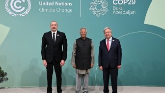 Muhammad Yunus with Ilham Aliyev, the President of Azerbaijan and António Guterres, Secretary-General of the United Nations at COP29.