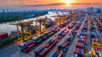 Aerial view of port and shipping containers