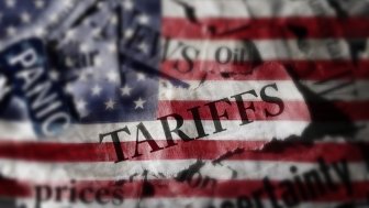 Tariffs news headlines over an American flag