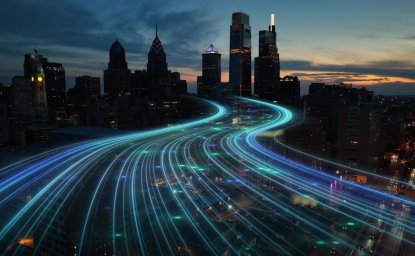 Band lights over cityscape