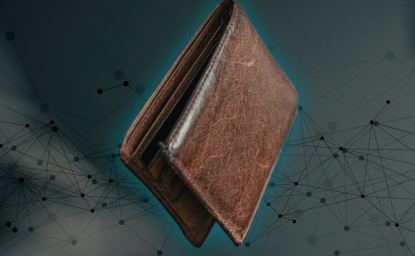 An image of a brown leather wallet suspended in air with a blue glow