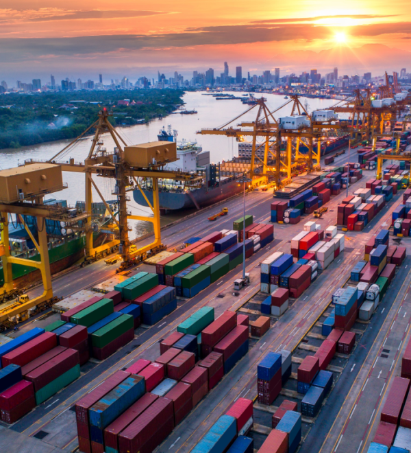 Aerial view of port and shipping containers