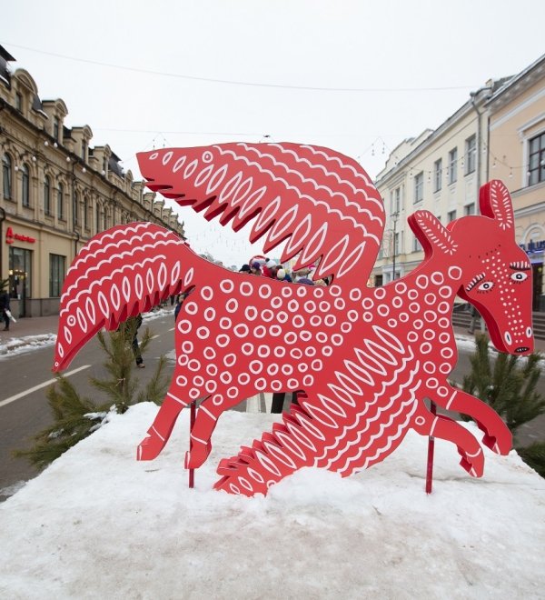 Kyiv, Ukraine - December 19, 2018: Maria Prymachenko Christmas decoration on Kyiv street