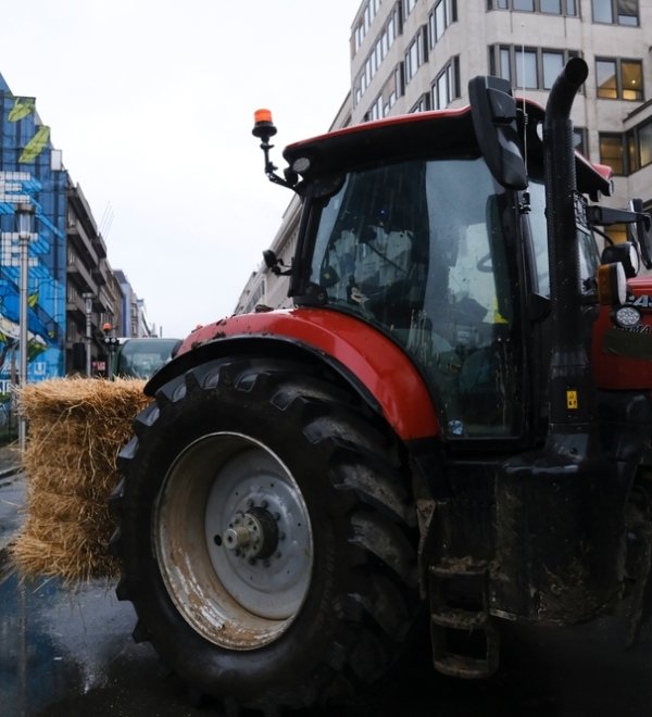 Farmers use tractors during a protest of European farmers over price pressures, taxes and green regulation, on the day of an EU Agriculture Ministers meeting in Brussels, Belgium, February 26, 2024.