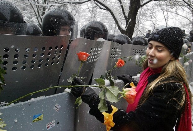 Orange Revolution protestor with flowers in Ukraine