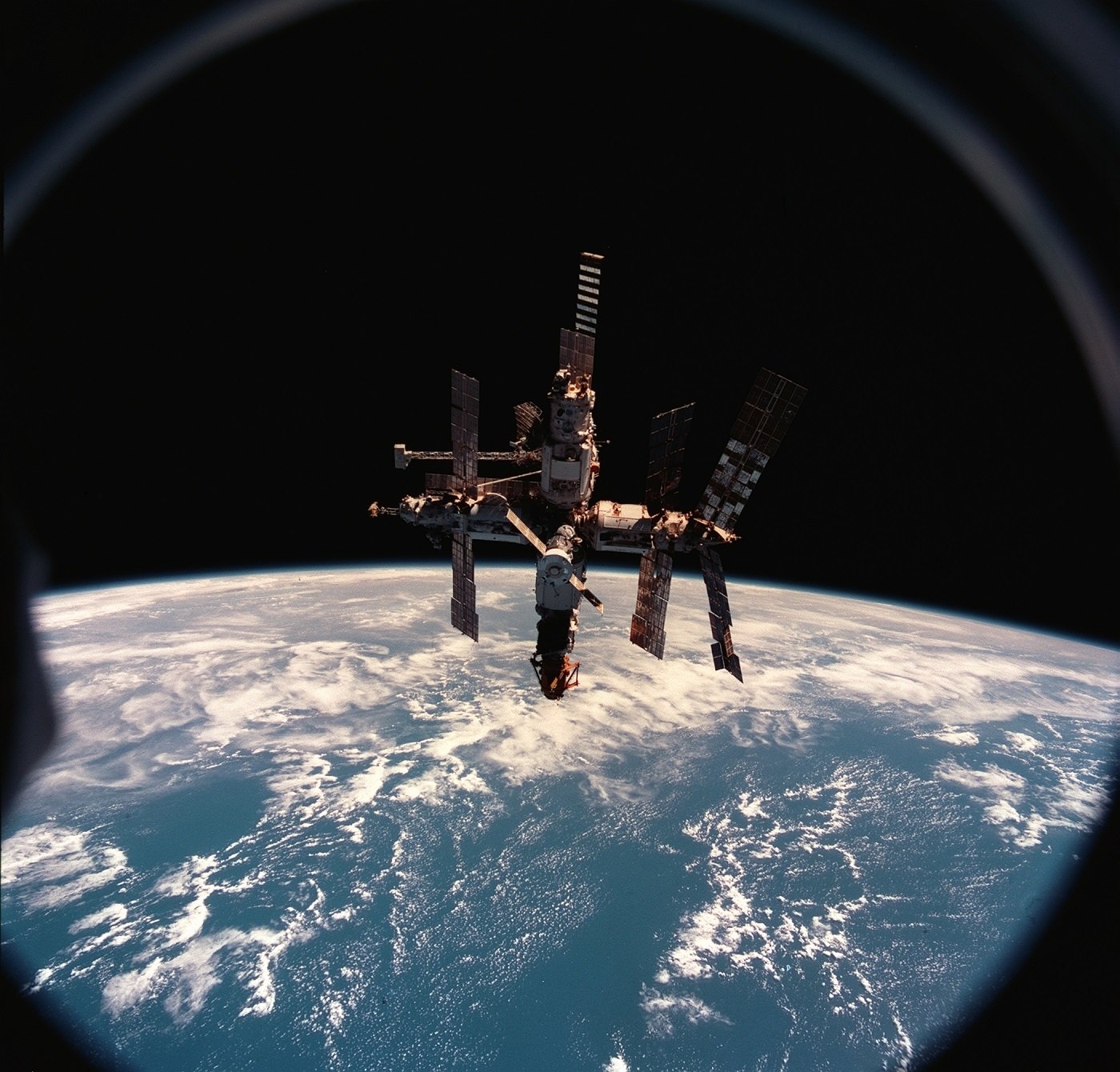 Russian Mir space station in orbit above Earth in 1998