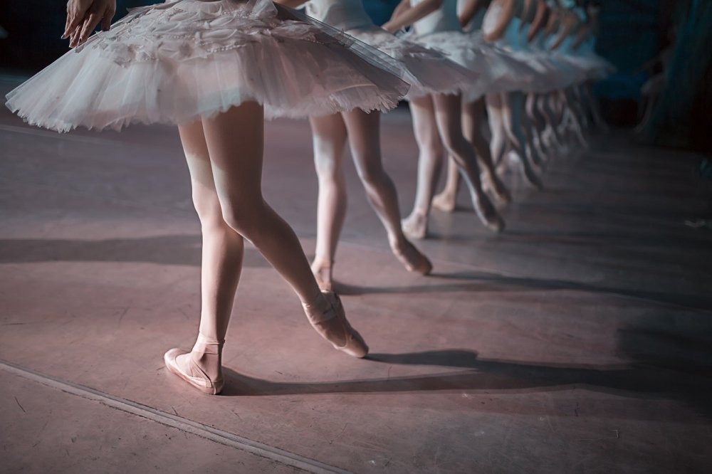 Dancers in white tutus performing swan lake