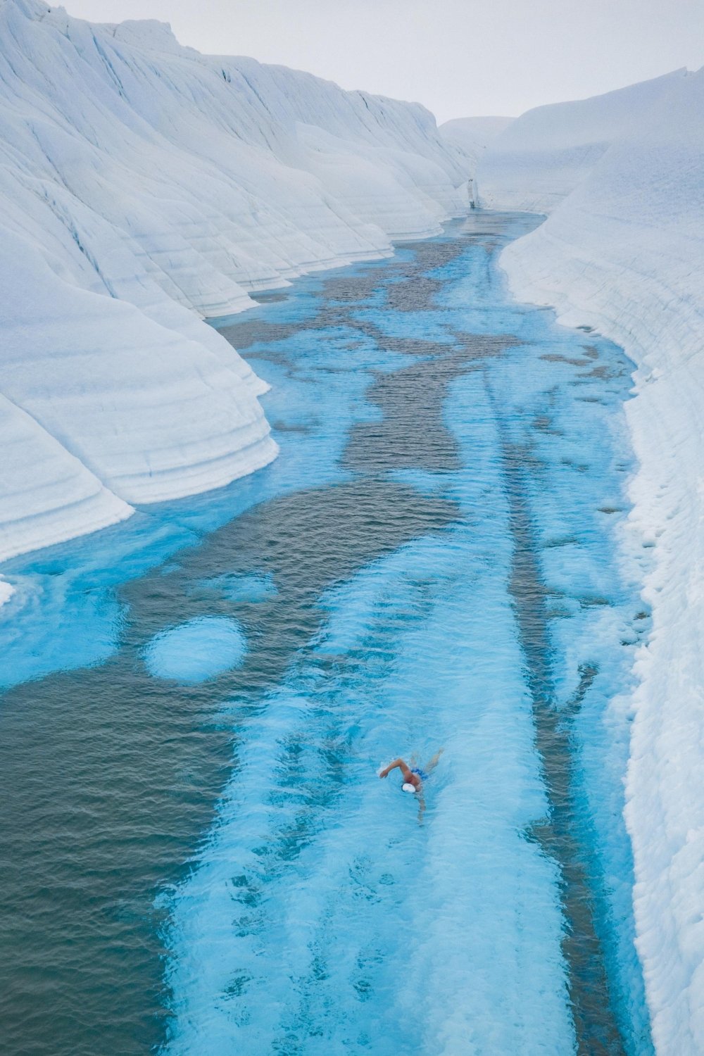 Man swimming in between icebergs in the east Antarctic Ocean