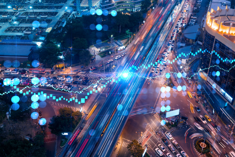 Stock market chart overlaid on a busy intersection