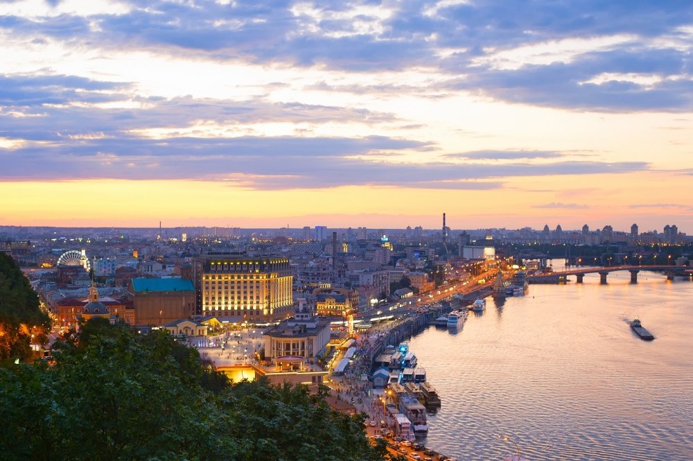 Skyline of Kyiv at twilight