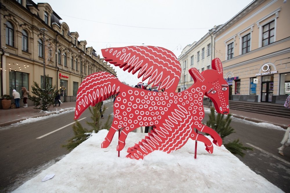 Kyiv, Ukraine - December 19, 2018: Maria Prymachenko Christmas decoration on Kyiv street