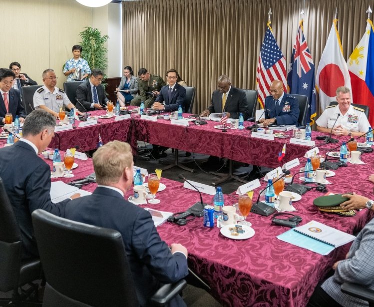 U.S. Secretary of Defense Lloyd Austin III, Australian Deputy Prime Minister and Minister for Defence Richard Marles, Japanese Minister of Defense Kihara Minoru, and Secretary of National Defense of Philippines Gilbert Teodoro conduct a multilateral meeting at U.S. Indo-Pacific Command headquarters, Camp H.M. Smith, Hawaii, May 2, 2024. 