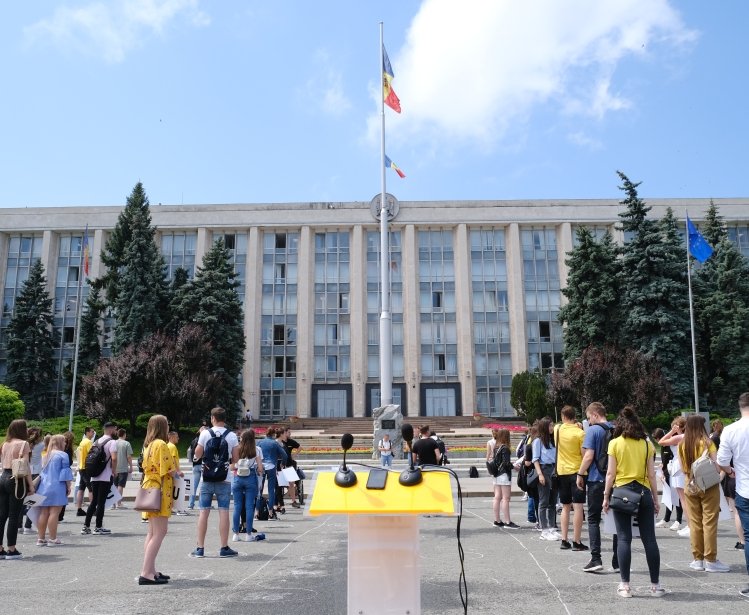 Chisinau Moldova 07.05.2021: people gathered in front of parliament in the center of Chisinau before the party elections