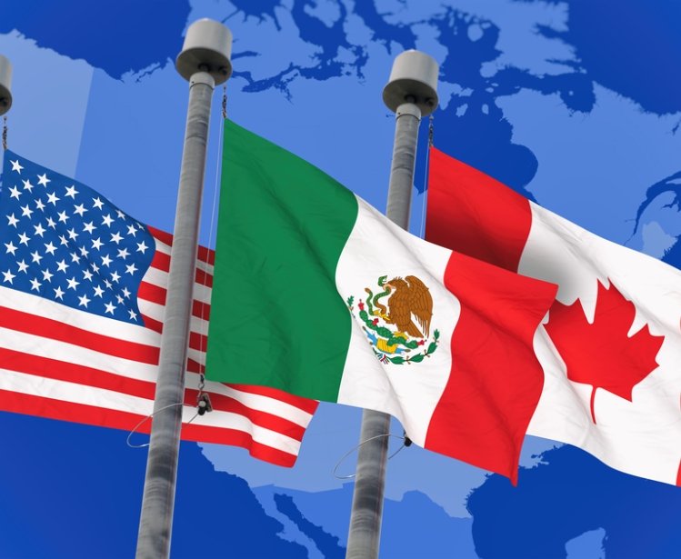 US Canada Mexico Flags over North America