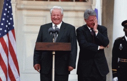 resident William J. Clinton and President Boris Nikolayevich Yeltsin delivering a joint press statement on the steps of Springwood, Franklin Delano Roosevelt's historic home in Hyde Park, New York. The image was photographed by Ralph Alswang.