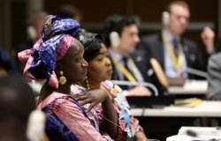  Woman speaking at the “Women, Peace and Security” event in Mali organized by the Government of Mali in partnership with UN Women.