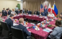 U.S. Secretary of Defense Lloyd Austin III, Australian Deputy Prime Minister and Minister for Defence Richard Marles, Japanese Minister of Defense Kihara Minoru, and Secretary of National Defense of Philippines Gilbert Teodoro conduct a multilateral meeting at U.S. Indo-Pacific Command headquarters, Camp H.M. Smith, Hawaii, May 2, 2024. 