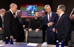 (from left) Turkey's President Recep Tayyip Erdogan, President of Ukraine Volodymyr Zelensky, UK Prime Minister Keir Starmer and NATO Secretary General Jens Stoltenberg at the NATO Summit