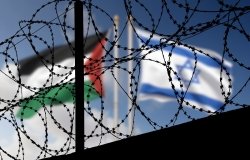 Flags of Israel and Palestine and barbed wire