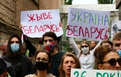 Political activists in Kyiv protesting against the dictatorship of president Lukashenko in Belarus.